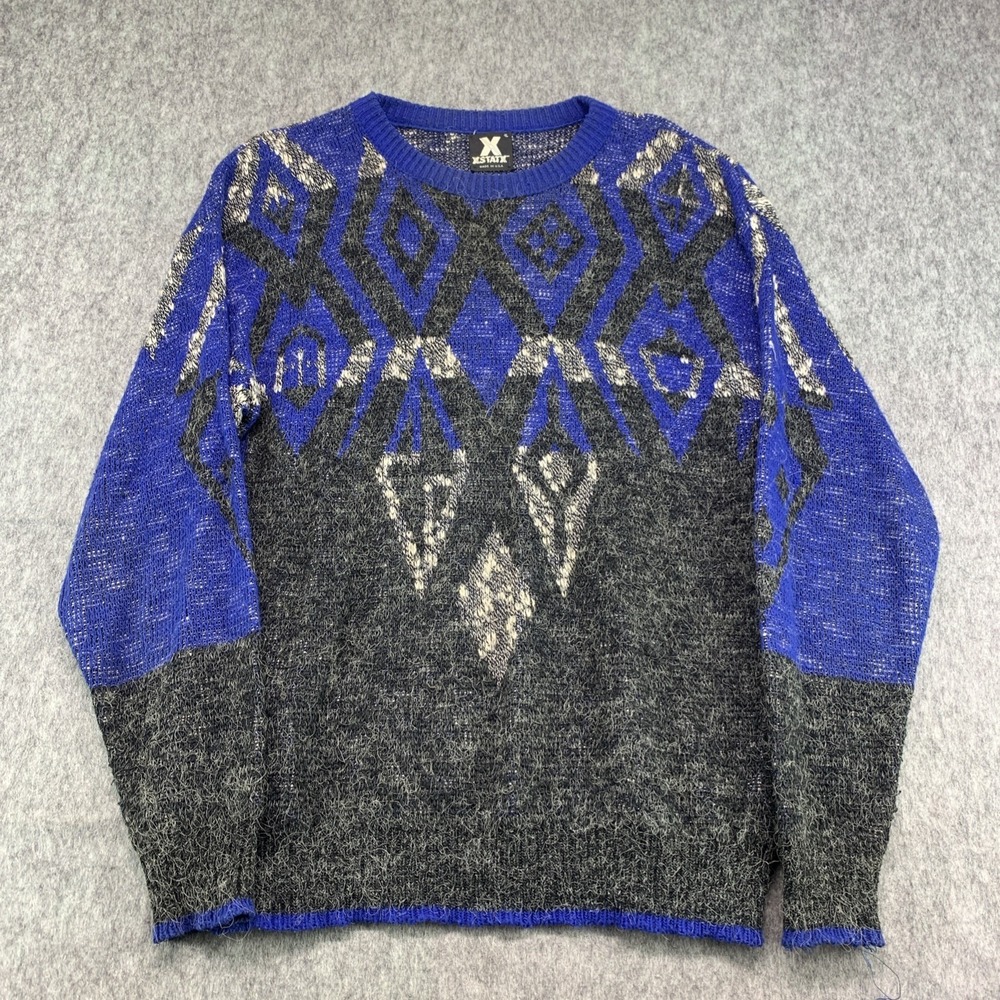 VTG 80s 90s XSTATX Sweater Geometric Knit Sweater Made in USA Blue- Size XL